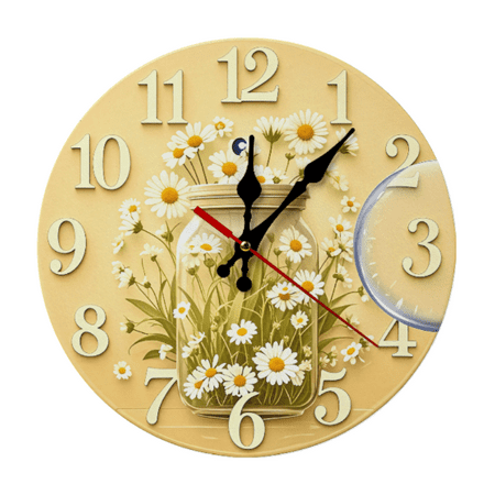 Vintage Wood Round Clock Pastel Yellow Daisies and Glass Jar accents 2D Wall Clock,for Bathroom Kitchen Bedroom Pool Cottage Living Room. 10 Inches (Without Batteries)
