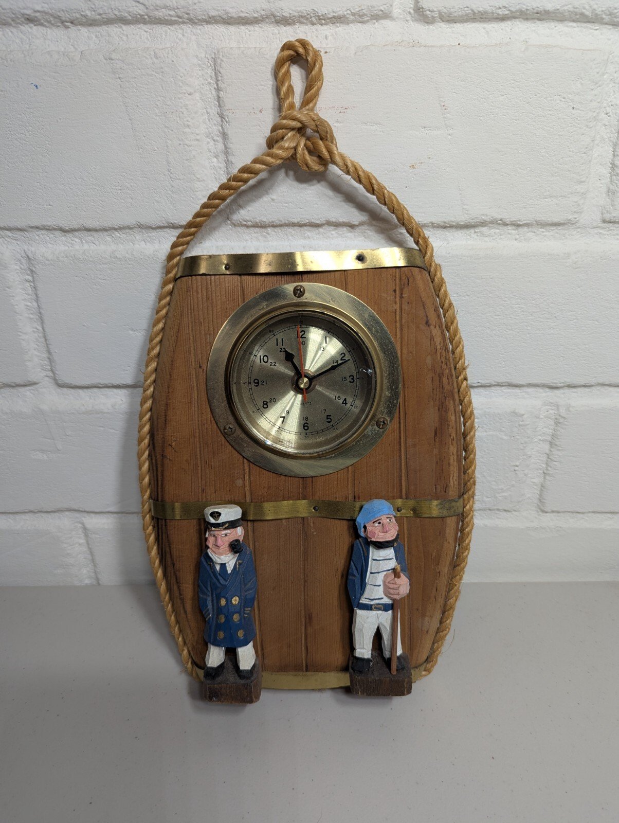 Vintage! "Working" Hand Carved Men Wooden Rustic Nautical Theme Wall Hang Clock