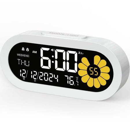 VOCOO Alarm Clock for Bedroom, Battery Operated Mini Desktop 4.55'' Sunflowers VA LCD Clocks with Backlight Snooze Indoor Temperature Home White(Battery Included)