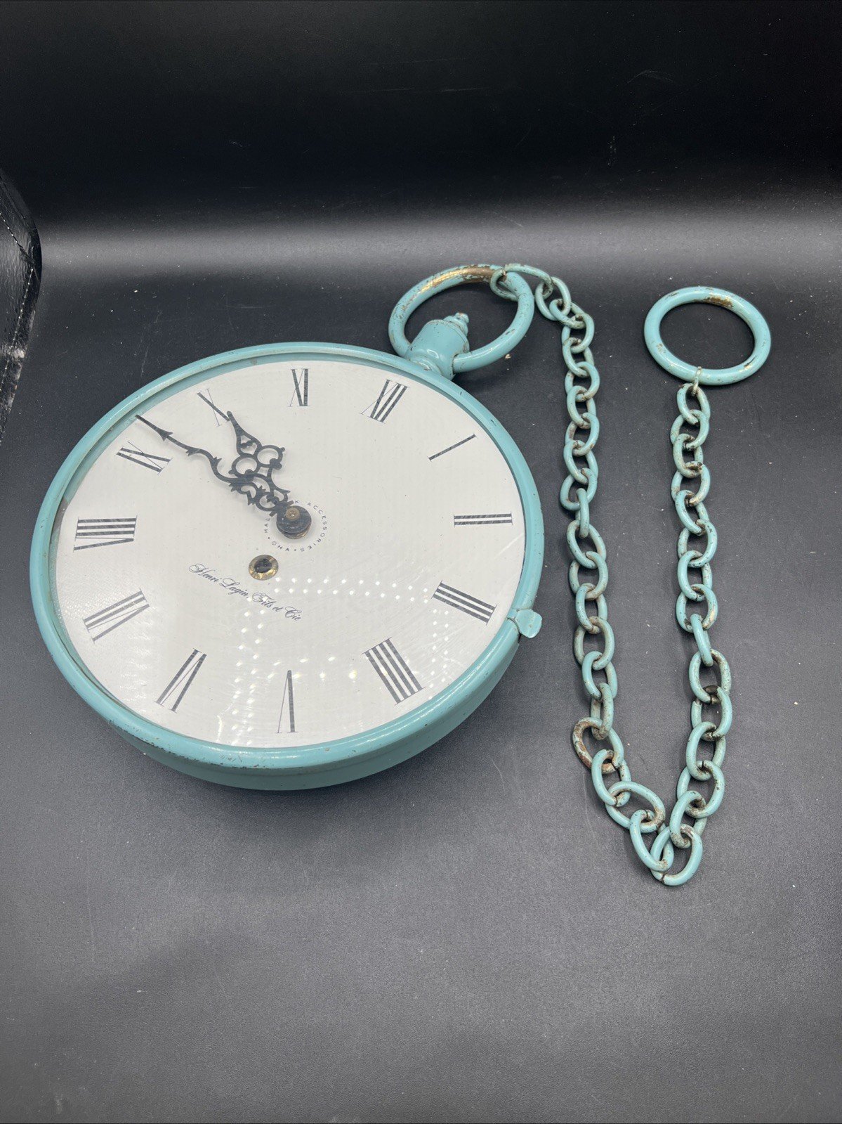 Vtg Pocket Watch Style Wall Clock w/Chain Turquoise Roman # Rustic Untested photo