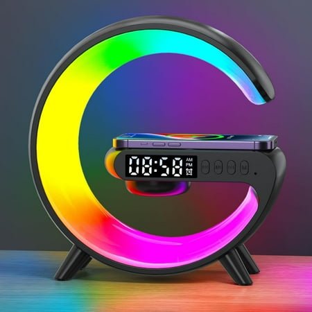 Wadan G-Shaped Wireless Charger Lamp with Bluetooth Speaker – 10 Light Modes, Alarm & Night Light