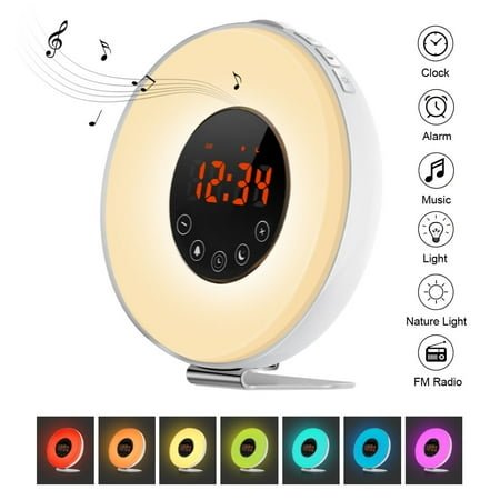 Wake Up Light Alarm Clock, Sunrise/Sunset Simulation, 6 Nature Sounds, FM Radio, 7 Colors LED N
