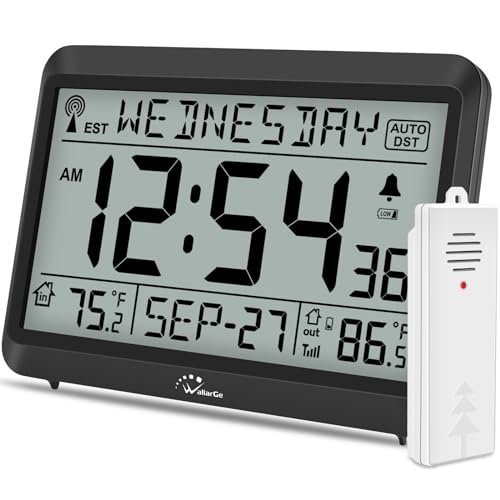 WallarGe Atomic Clock with Indoor Outdoor Temperature, Self-Setting Digital Wall Clock Battery Operated, 4 Time Zones, DST