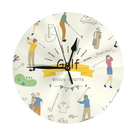 Wall Clock - Golf Icons And Golfer 9.8 Inch Silent Non Ticking Modern Round Wall Clocks Battery Operated Classic Clock for Bedroom, Living Room, Office, Home, Kitchen, Bathroom