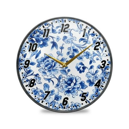 Wall Clock Battery Operated Non-Ticking Silent for Living Room Bedroom Kitchen Office Decor Blue and White Porcelain Floral 9.5