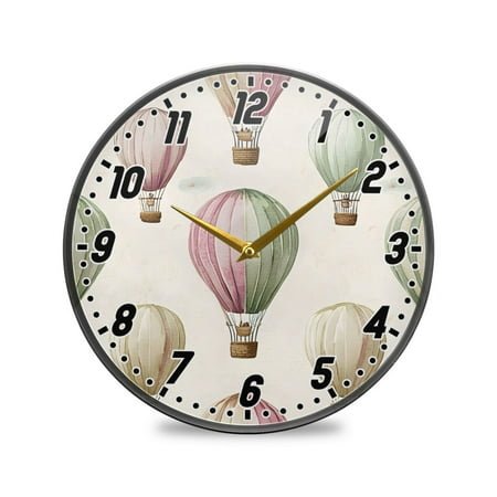 Wall Clock Battery Operated Non-Ticking Silent for Living Room Bedroom Kitchen Office Decor Watercolor Hot Air Balloons 12