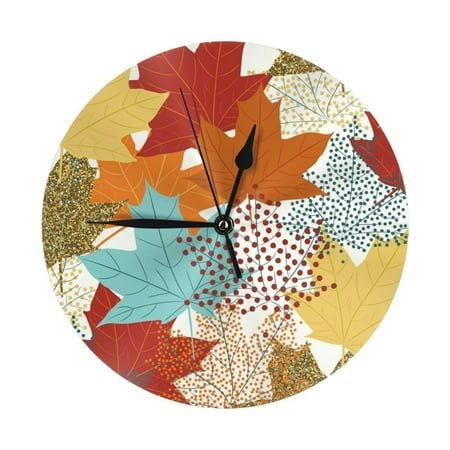 Wall Clock, Fall Maple Leaves Wall Clocks Battery Operated Silent Kitchen Office Wall Clock Decorative, Wall Clock for School Classroom Living Room Bedroom Home Decor