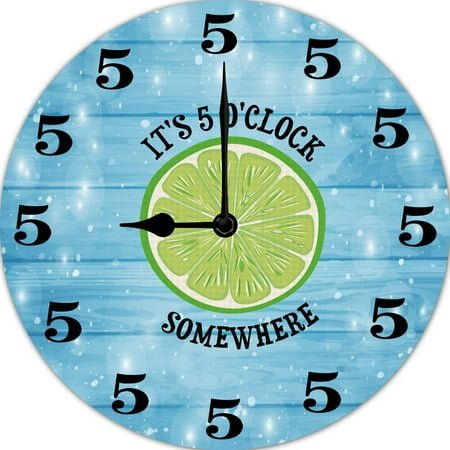 Wall Clock for Beach House It’S 5 O’Clock Somewhere Funny Wall Clock Lemon Print Round Clock Farmhouse Wall Clock 10 Battery Operated Silen Wooden Clock for Bedroom Kitchen Garage