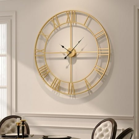 Wall Clock, Large 36 Inch Gold Decorative Wall Clock for Living Room Decor, Modern Metal Roman Numeral Battery-Operated for Dinning Room, Home, Office, Kitchen, Mantel