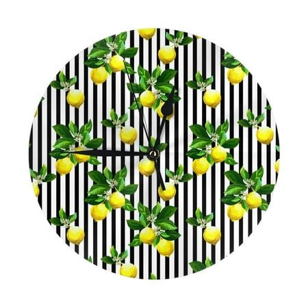Wall Clock, Lemons on Striped Wall Clocks Battery Operated Silent Kitchen Office Wall Clock Decorative, Wall Clock for School Classroom Living Room Bedroom Home Decor