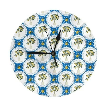 Wall Clock, Lemon tree lemons blue Italian style Wall Clocks Battery Operated Silent Kitchen Office Wall Clock Decorative, Wall Clock for School Classroom Living Room Bedroom Home Decor