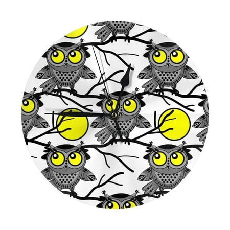 Wall Clock Moon Owl - White Wall Clocks Battery Operated, Modern Wall Clock for Bedroom, Classroom, Living Room, Office, Home Decor