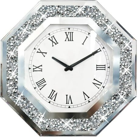 Wall Clock, Octagon Mirror Glass Clock, Cute Diamond 12-inch Non-Ticking Clock for Wall Décor, Perfect Home Decor for Bedroom, Bathroom Motif, Dining Room(Excluding Batteries.)