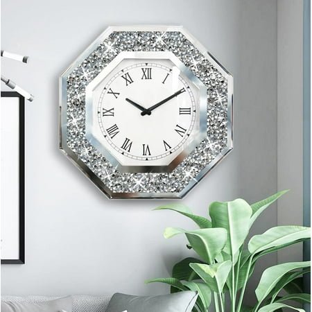 Wall Clock, Octagon Mirror Glass Clock, Cute Diamond 20-inch Non-Ticking Clock for Wall Décor, Perfect Home Decor for Bedroom, Bathroom Motif, Dining Room(Excluding Batteries.)