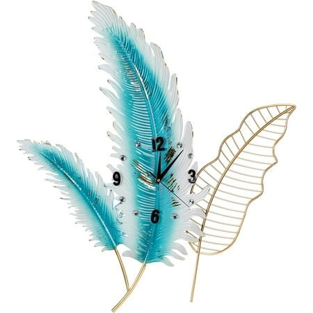 Wall Clocks Battery Operated Modern Blue Feather Big Clock for Living Room Metal Silent Large Wall Watch for Kitchen,Office,Bedroom