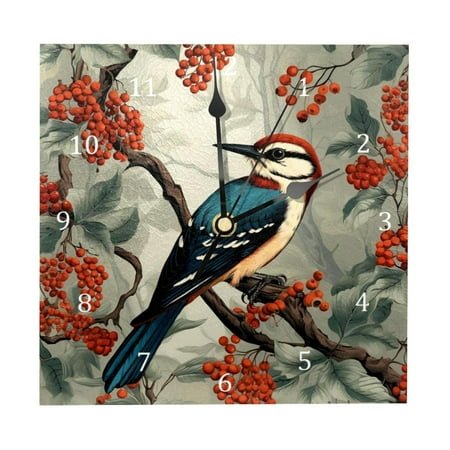 Wall Clocks, Woodpecker Bird on Red Berries Branch Battery Operated Number Clock for Bedroom Living Kitchen Office Home Decor Silent & Non-Ticking