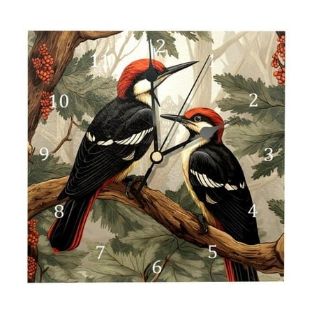 Wall Clocks, Woodpecker Bird on Red Berries Branch Battery Operated Number Clock for Bedroom Living Kitchen Office Home Decor Silent & Non-Ticking