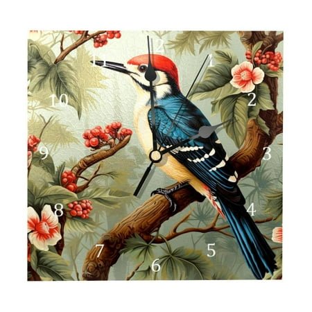 Wall Clocks, Woodpecker Bird on Red Berries Branch Battery Operated Number Clock for Bedroom Living Kitchen Office Home Decor Silent & Non-Ticking