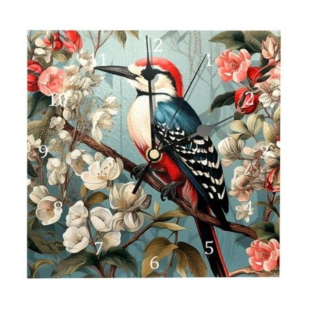 Wall Clocks, Woodpecker Bird on Red Berries Branch Battery Operated Number Clock for Bedroom Living Kitchen Office Home Decor Silent & Non-Ticking