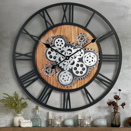 WGQP 23 Inch Large Real Moving Gears Wall Clock for Living Room Decor, Antique Rustic Farmhouse Oversized Wall Clocks Battery Operated, Reloj de Pared Decorative Gear Clock for Office Kitchen