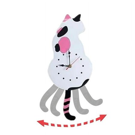 White-Cat Pendulum Wall Clock,Cat Clock,Cat Clock with Moving Tail,Cat Swinging,Whimsical Funny Wall White Acrylic