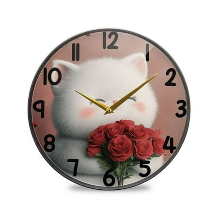 White Cat and Rose Round Acrylic Wall Clock Silent Battery Operated Home Decor for Living Room Bedroom
