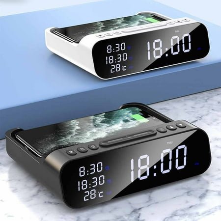 Wireless 4-in-1 Charger Alarm Clock | 15W Fast Charging for Phone, Headset, Watch | Large Screen Digital Clock | Temperature Sensor | Black or White