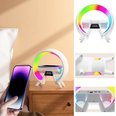 Wireless Charger Lamp Bluetooth Speaker Clock | 15W Fast Charging | Dimmable Multi-Color LED | Sunrise Alarm | APP Control | USB Powered | Desk Bedside Home | 236x236x80mm