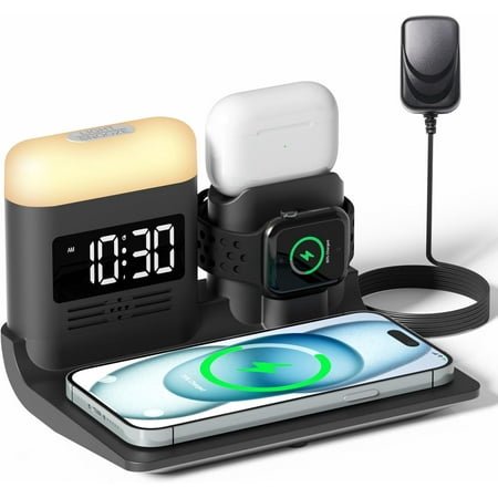 Wireless Charging Station for Apple Devices, 5 in 1 Wireless Charger Stand with Alarm Clock and Light, Charging Dock for iPhone 15 14 13 12 11 X Pro Max, Apple Watch 9/8/7/6/5/4/3/2/SE, AirPods 3/2/1