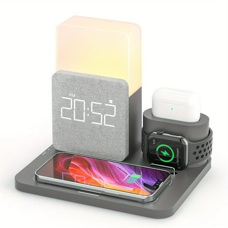 Wireless Charging Station, iPhone 3 in 1 Fast 15W Wireless Charger with Alarm Clock and Night Light, Charging Dock for iPhone 12/13/14/15/16 Pro/Pro Max, Samsung, AirPods