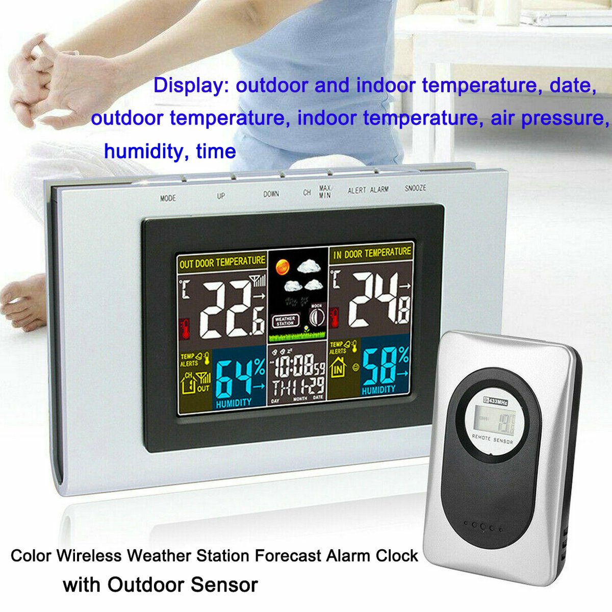 Wireless Weather Color Station Forecast Alarm Clock Temperature w/Outdoor Sensor
