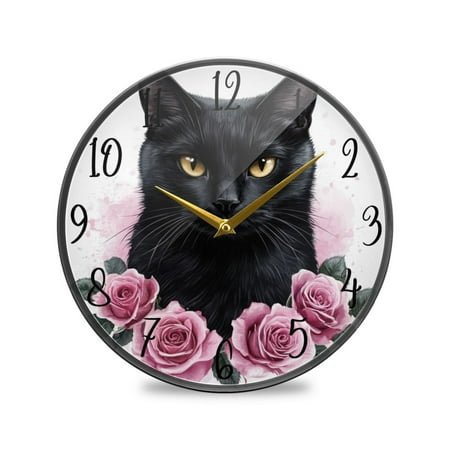 WOBOGO Black Cat with Pink Roses Acrylic Wall Clock Battery Operated 11.9in Silent No Tick Bedroom Living Room Office Classroom Decoration