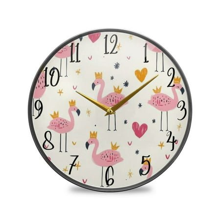 WOBOGO Cute Pink Flamingos Crowns Hearts Acrylic Wall Clock Battery Operated 11.9in Silent No Tick Bedroom Living Room Office Classroom Decoration