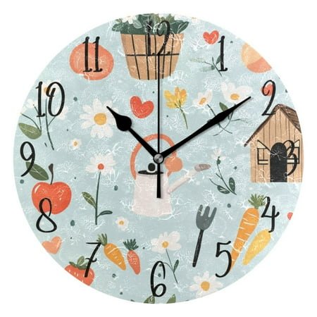 WOBOGO Log Cabin Apple Carrot Pattern Wall Clock 10in Silent Mechanism Battery Operated Retro Style for Living Room Bedroom and Kitchen Black Pointer