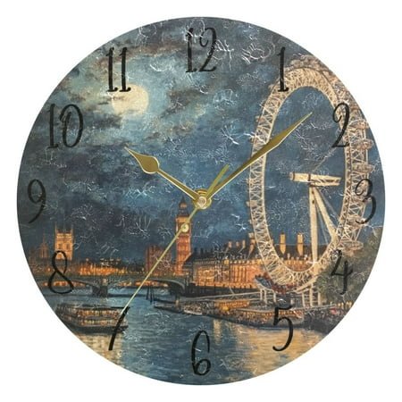WOBOGO London Eye at Night Wall Clock 10in Silent Mechanism Battery Operated Retro Style for Living Room Bedroom and Kitchen Gold Pointer