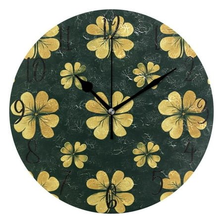 WOBOGO St Patricks Pattern Of Golden Shamrocks Wall Clock 10in Silent Mechanism Battery Operated Retro Style for Living Room Bedroom and Kitchen Black Pointer