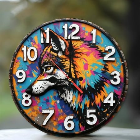 Wolf Artistic Clock 10-Inch Silent Wooden Wall Clock, Battery Operated (AA Batteries Not Included), Artistic Home Decor