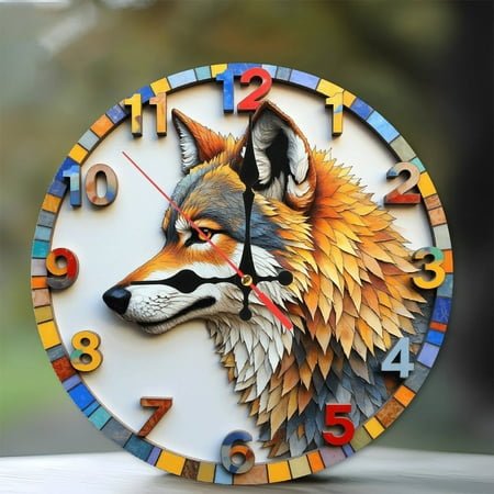 Wolf Art Wall Clock Colorful Decorative Design 10-Inch Silent Wooden Wall Clock, Battery Operated (AA Batteries Not Included), Artistic Home Decor