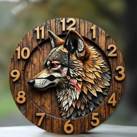 Wolf Head Decorative Wall Clock Home Decor 10-Inch Silent Wooden Wall Clock, Battery Operated (AA Batteries Not Included), Artistic Home Decor