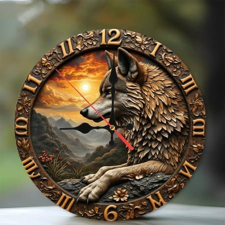 Wolf Wall Clock with Nature Scenery And Sunrise Design 10-Inch Silent Wooden Wall Clock, Battery Operated (AA Batteries Not Included), Artistic Home Decor
