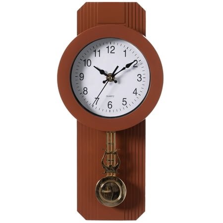 Wood-Look Pendulum Plastic Wall Clock, Farmhouse Decor for Living Room, Kitchen, or Dining Room, Silent Clock with Roman Numerals, Battery Powered, Large Decorative Wall Clock, Easy-to-Read, Brown