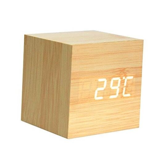 Wooden Alarm Clock - Mini Cube LED Digital Clock with 2-yellow & White