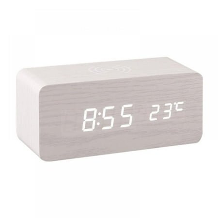 Wooden Alarm Clock with Qi Wireless Charging Pad Compatible with iPhone Samsung Wood LED Digital Clock Sound Control Function, Time Date, Temperature Display for Bedroom Office Home