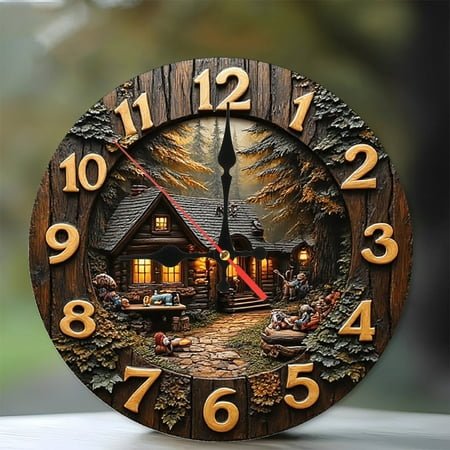 Wooden Cabin Forest Wall Clock 10-Inch Silent Wooden Wall Clock, Battery Operated (AA Batteries Not Included), Artistic Home Decor