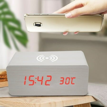 Wooden Clock LED Digital Clock Creatives Wireless Charging Electronic Thermometers Alarm Clock Duales Power Supply Voice Control Function,New Release