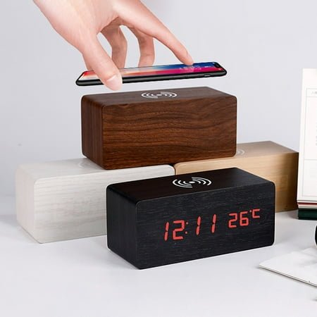Wooden Clock LED Digital Clock Creatives Wireless Charging Electronic Thermometers Alarm Clock Duales Power Supply Voice Control Function,New Release