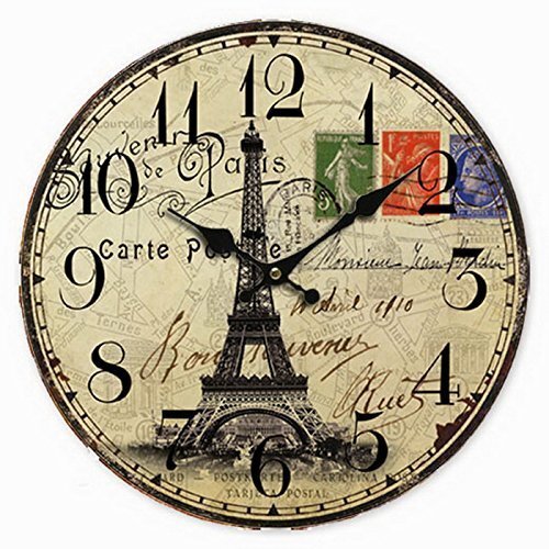 Wooden Wall Clock Paris French Eiffel Tower Stamp Clock Retro Vintage Large Cloc