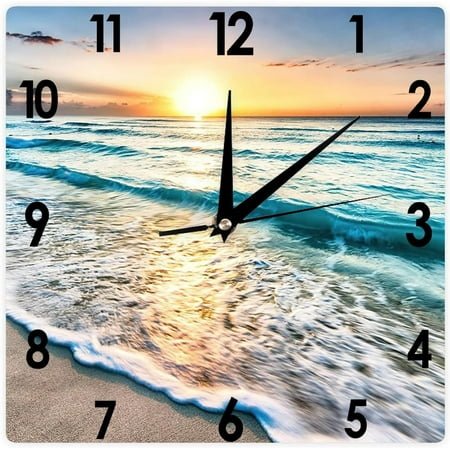 Wooden Wall Clock Silent Non-Ticking,Beach Seashell and Seastar Retro Wood Square Modern Summer Themed Clocks Décor for Home Kitchen Living Room Office, Battery Operated(15 in)