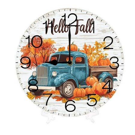 Wooden Wall Clock Silent Non-Ticking Hello Fall Maple Leaf Pumpkin Truck Round Wall Clocks Decor for Home Kitchen Living Room Office, Battery Operated (10 Inch)