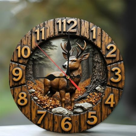 Woodland Deer Clock 10-Inch Silent Wooden Wall Clock, Battery Operated (AA Batteries Not Included), Artistic Home Decor